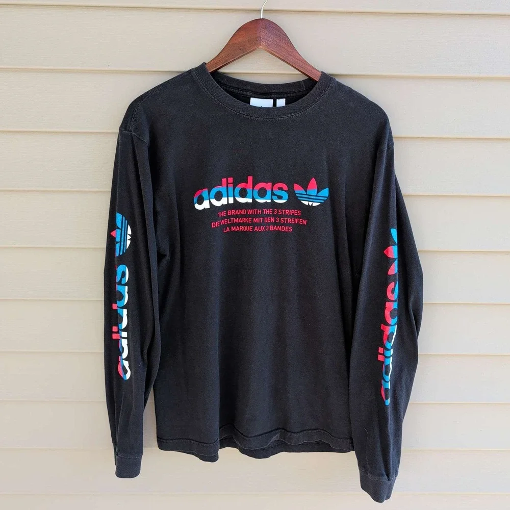 Adidas Long Sleeve Shirt Mens Medium Black Graphic Trefoil Logo